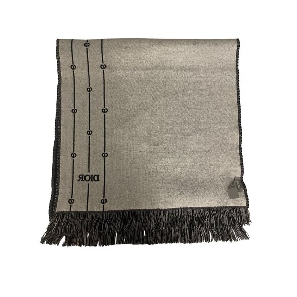 Christian Dior Black Wool Scarf W/ Monogram Pattern & Fringe - Picture 7 of 8